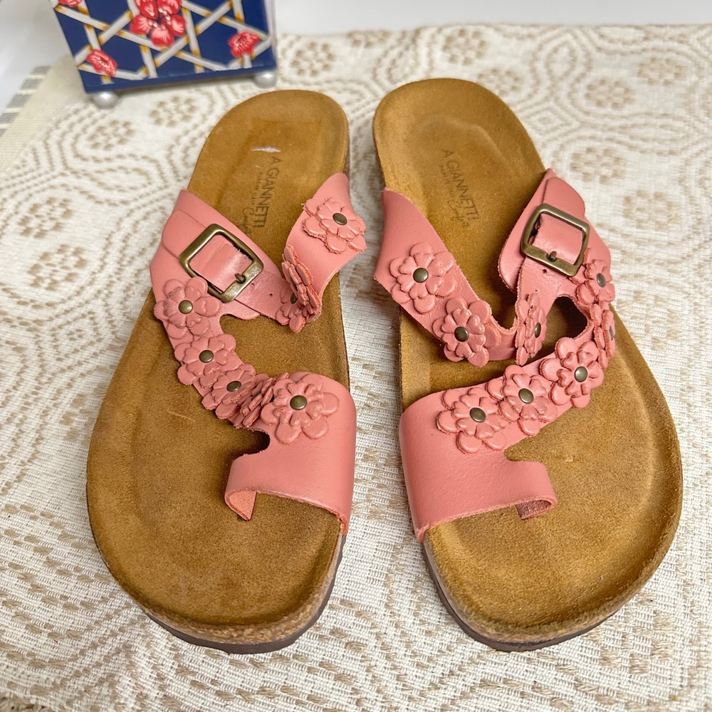 A. Giannetti Sandals Pink Leather Floral Applique Sophia Milano Sz 8 - Picture 2 of 6